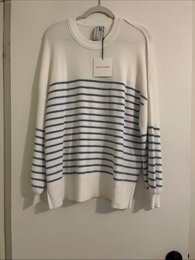 White Crewneck Sweater with Light Blue Stripes